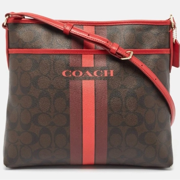 Coach Signature Coated Canvas Dark Brown and Red Crossbody Bag - Picture 2 of 16